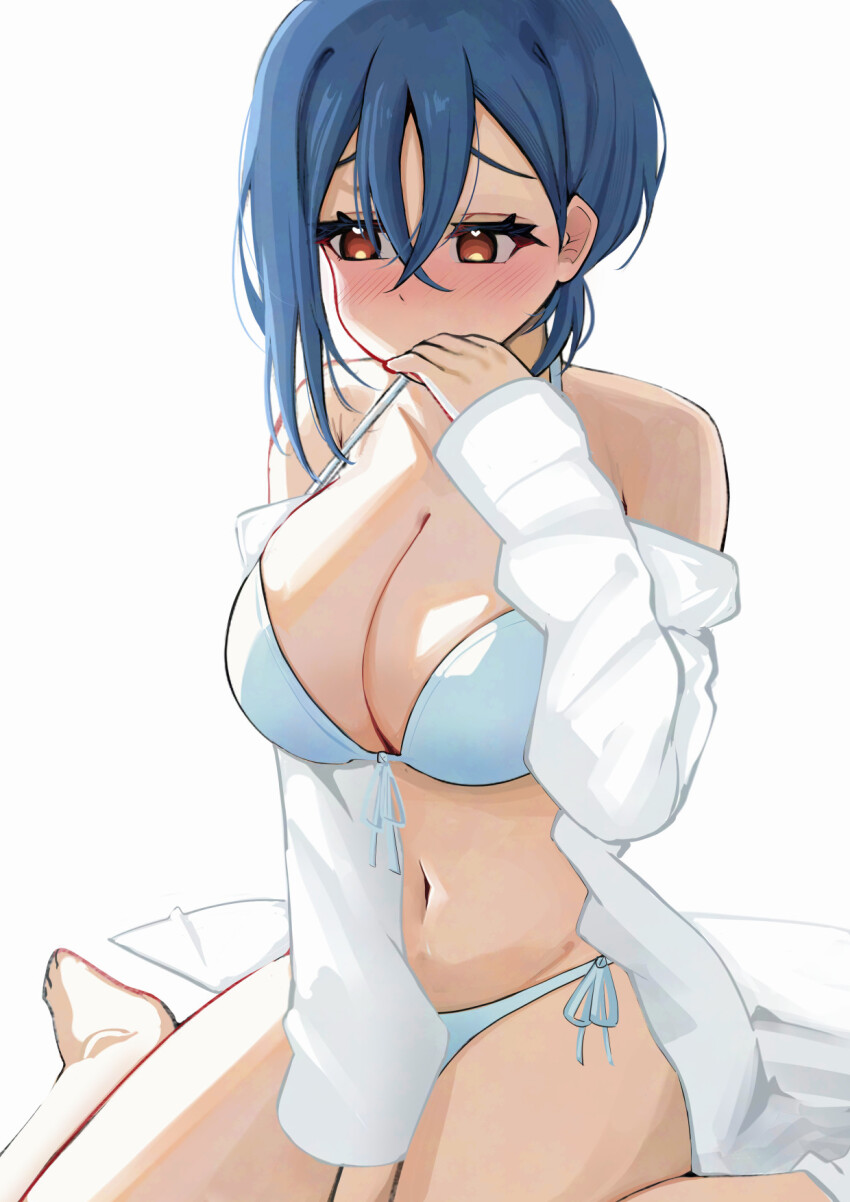 1girl barefoot bikini bikini_under_clothes blue_bikini blue_hair blush breasts brown_hair cleavage commentary_request crossed_bangs feet heart heart-shaped_pupils highres large_breasts long_sleeves love_live! love_live!_superstar!! partial_commentary pisagi shirt short_hair sidelocks simple_background sitting solo swimsuit swimsuit_under_clothes symbol-shaped_pupils toes wakana_shiki wariza white_background white_shirt