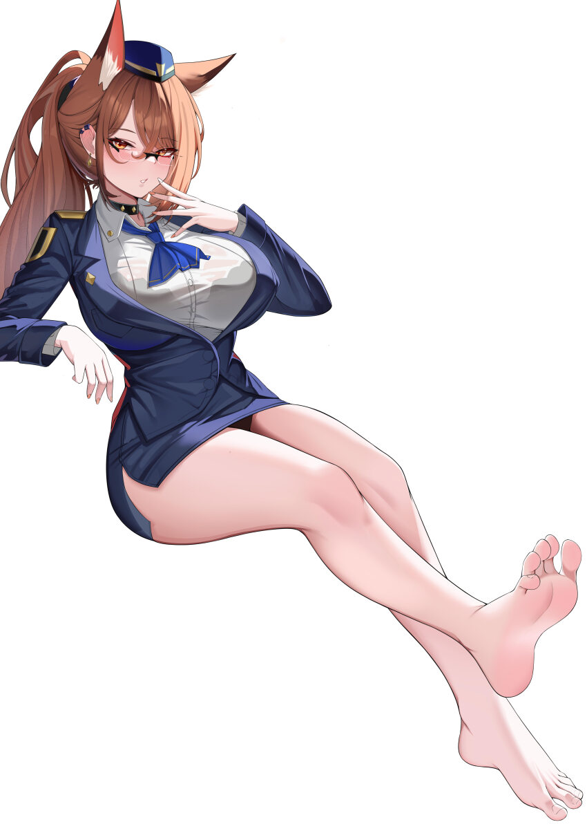 1girl absurdres animal_ears arknights barefoot blush breasts brown_eyes brown_hair feet flight_attendant franka_(arknights) glasses highres lahz52 large_breasts long_hair looking_at_viewer miniskirt parted_lips ponytail skirt soles toes travel_attendant