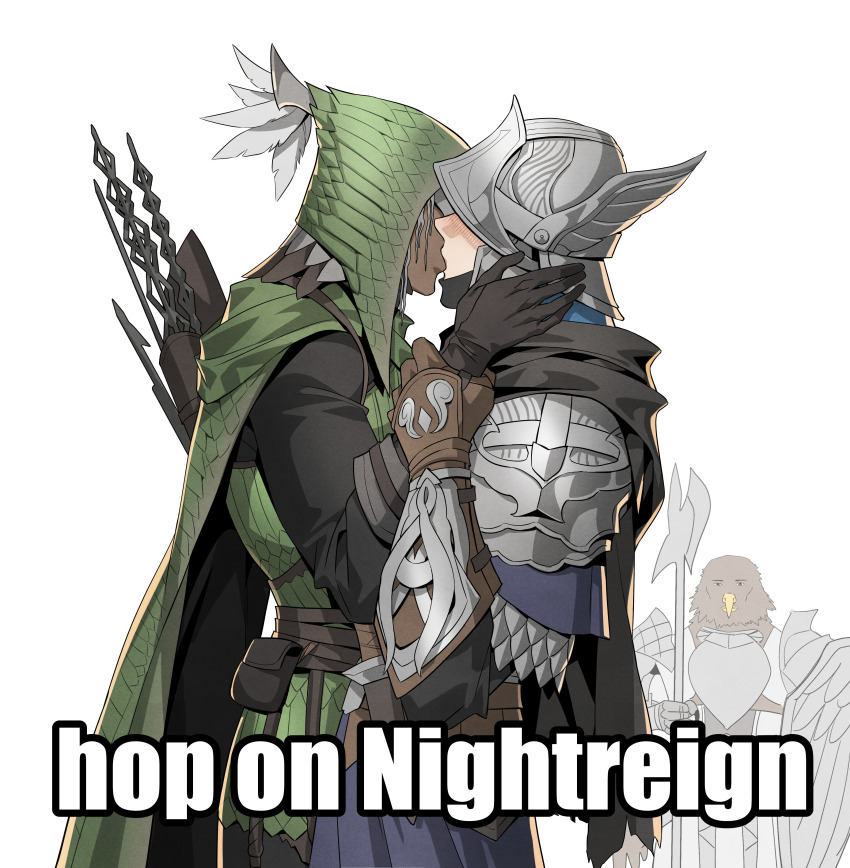 3boys absurdres animal_head armor arrow_(projectile) black_gloves blush brown_gloves cape commentary elden_ring elden_ring_nightreign english_commentary gloves green_cape green_hood guardian_(elden_ring) halberd helmet highres holding holding_polearm holding_weapon hood hood_up hop_on_among_us_(meme) ironeye_(elden_ring) kiss male_focus meme multiple_boys pauldrons polearm quiver shoulder_armor simple_background tecchen upper_body weapon white_background wylder_(elden_ring) yaoi