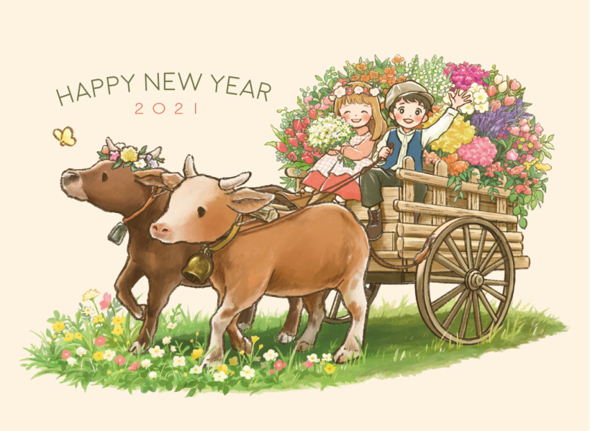 1boy 1girl 2021 ^_^ animal apron bell black_eyes black_footwear black_hair black_pants blue_vest blush bug butterfly closed_eyes collar cow cow_horns cowbell dress english_text florist flower flower_request grass grey_headwear hand_up happy_new_year head_wreath holding holding_flower holding_leash horns insect leaf leash light_brown_hair looking_at_viewer medium_hair nengajou new_year open_clothes open_mouth open_vest orange_flower original ox-driven_carriage pants pink_dress pink_flower pink_tulip plant purple_flower red_dress shirt shoes simple_background smile tokoyu too_many_flowers tulip two-tone_dress vest wheel white_apron white_flower white_shirt yellow_collar yellow_flower