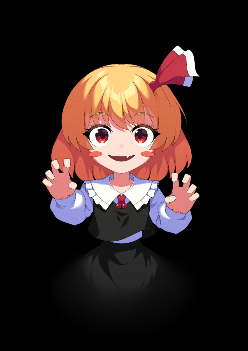 1girl :d black_background black_skirt black_vest blush_stickers claw_pose commentary_request fang hair_ribbon highres long_sleeves looking_at_viewer medium_hair open_mouth orange_hair punidayo red_eyes red_ribbon ribbon rumia shirt skirt sleeveless_vest smile solo touhou vest white_shirt