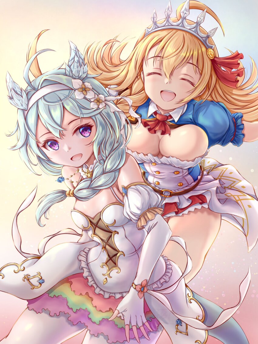 2girls ahoge ascot blue_hair blue_horns blue_sleeves braid breasts cleavage closed_eyes cross-laced_clothes cross-laced_dress crystal_horns crystal_tail crystal_wings dragon_girl dragon_horns dragon_wings dress flower gloves hair_between_eyes hair_flower hair_ornament hair_ribbon hairband highres horns large_breasts light_blue_hair long_hair maoo-san multiple_girls open_mouth orange_hair pecorine_(princess_connect!) princess_connect! purple_eyes rainbow_skirt rainbow_wings red_ascot red_ribbon ribbon sheffy_(princess)_(princess_connect!) sheffy_(princess_connect!) shrug_(clothing) side_braid single_braid smile tiara very_long_hair white_dress white_flower white_hairband wings