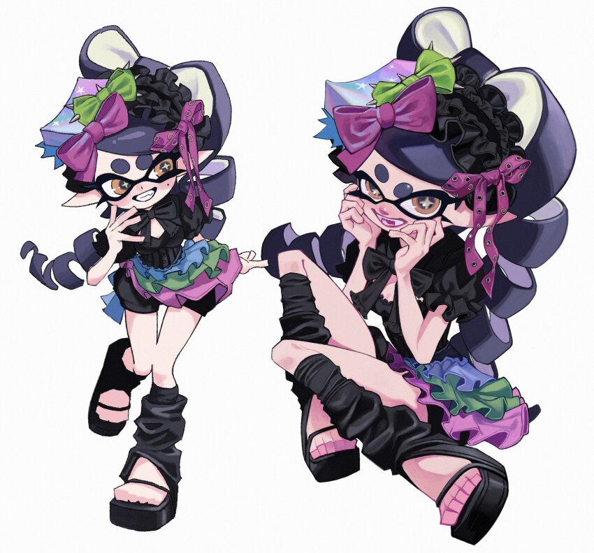 1girl alternate_costume alternate_hairstyle black_bow black_bowtie black_hair black_hairband black_jumpsuit black_leg_warmers black_sandals bow bow-shaped_hair bowtie breasts bright_pupils callie_(splatoon) commentary cross-shaped_pupils fangs full_body green_bow grin hair_bow hair_ribbon hairband hands_on_own_cheeks hands_on_own_face highres inkling invisible_chair jumpsuit ka1_(k4k37) leg_warmers lolita_hairband long_hair long_pointy_ears mole mole_under_eye multiple_views nintendo open_mouth orange_eyes overskirt pink_bow pink_ribbon pointy_ears puffy_short_sleeves puffy_sleeves ribbon ringlets sandals short_jumpsuit short_sleeves simple_background sitting small_breasts smile splatoon_(series) standing swept_bangs symbol-only_commentary symbol-shaped_pupils tentacle_hair thick_eyebrows very_long_hair white_background white_pupils