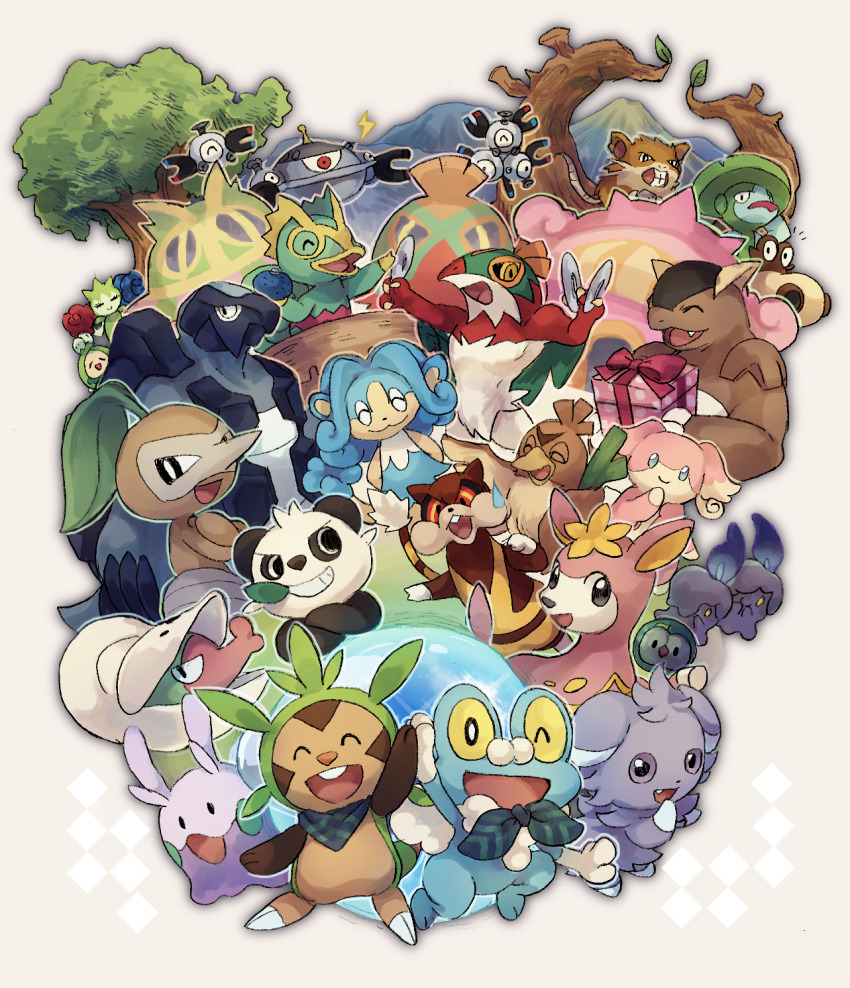 :3 :d ^_^ audino bow box budew carracosta chespin closed_eyes closed_mouth commentary_request deerling elizabeth_(tomas21) espurr fang farfetch&#039;d froakie gen_1_pokemon gen_3_pokemon gen_4_pokemon gen_5_pokemon gen_6_pokemon gift gift_box goomy grin hawlucha highres hippopotas holding kangaskhan kecleon leaf litwick lombre magnemite magnezone nintendo nuzleaf open_mouth pancham panpour pokemon pokemon_mystery_dungeon polka_dot raticate red_bow roselia_(pokemon) shelmet smile solosis teeth tongue tree watchog
