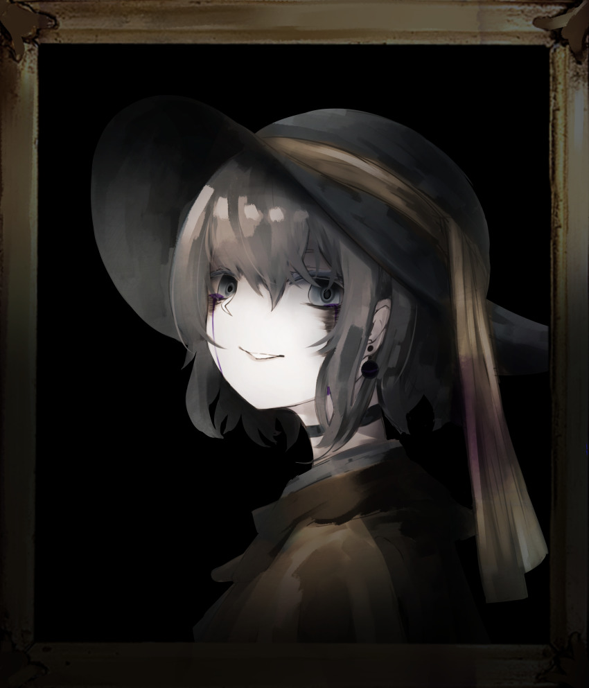 1girl absurdres black_choker black_hat blouse choker colored_tears commentary crying crying_with_eyes_open earrings eyebrows_hidden_by_hair false_smile framed from_side girl_with_a_pearl_earring green_eyes green_hair hair_between_eyes hat hat_ribbon highres jewelry komeiji_koishi looking_at_viewer looking_to_the_side parted_lips picture_frame portrait ribbon shirt short_hair smile solo sutorobo72 tears touhou yellow_ribbon yellow_shirt