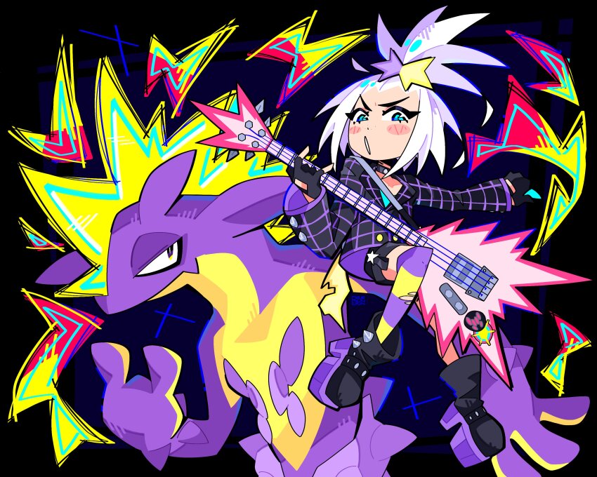1girl 1other :o absurdres black_background black_boots black_choker black_gloves black_jacket blue_eyes boots bourbunbun choker colored_skin electricity fingerless_gloves full_body gen_8_pokemon gloves guitar hair_ornament highres holding holding_instrument instrument jacket looking_at_viewer nintendo official_alternate_costume open_mouth pokemon pokemon_(creature) pokemon_masters_ex purple_shorts purple_skin roxie_(pokemon) roxie_(sygna_suit)_(pokemon) shorts simple_background single_thighhigh standing thighhighs topknot toxtricity v-shaped_eyebrows white_hair yellow_skin