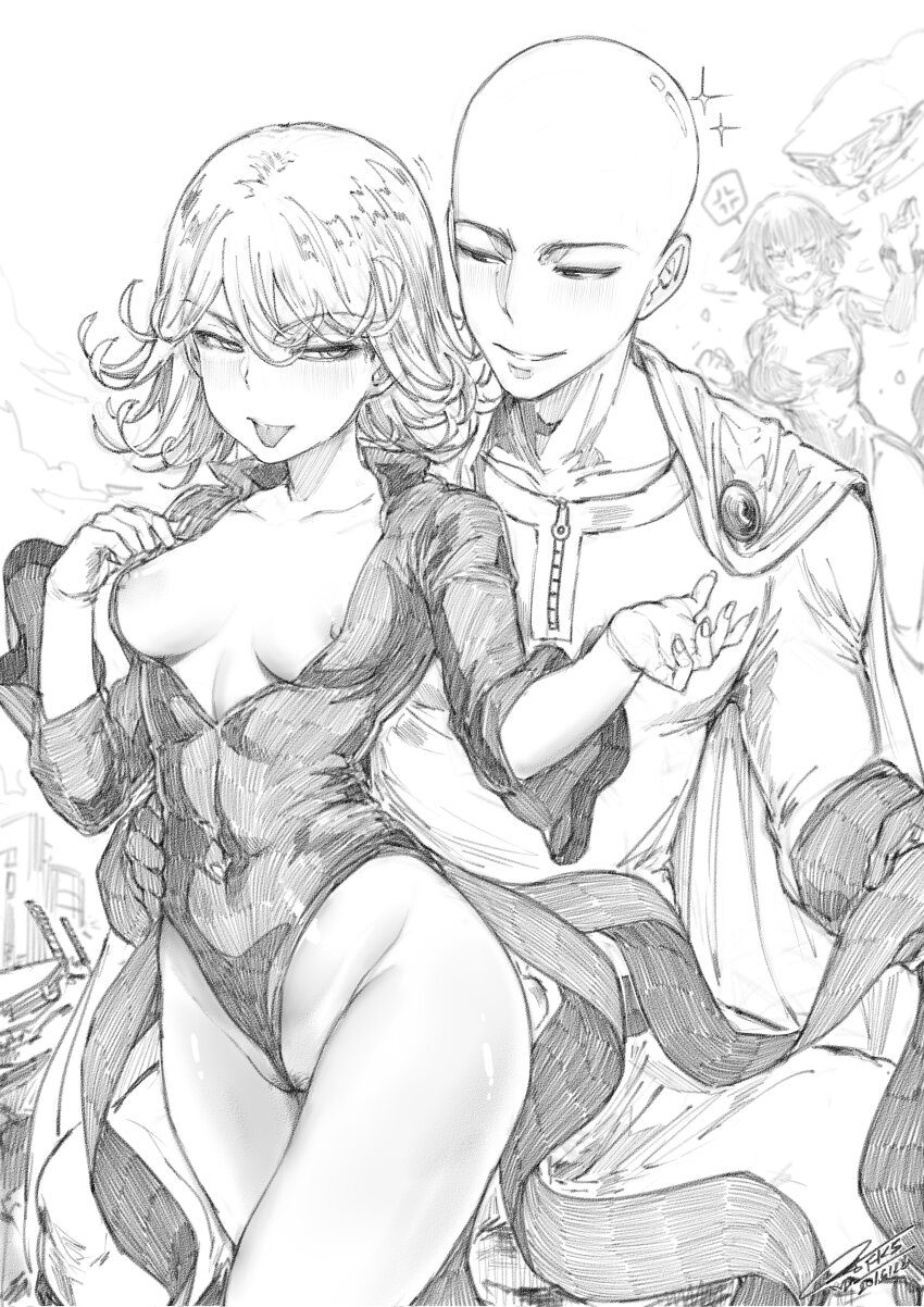 1boy 2girls absurdres anger_vein bald breasts cape commentary covered_navel debris female_pubic_hair fkscrashing fubuki_(one-punch_man) greyscale hetero highleg highleg_leotard highres large_breasts leotard medium_breasts monochrome multiple_girls naughty_face nipple_slip nipples one-punch_man pubic_hair pubic_hair_peek saitama_(one-punch_man) seductive_smile shiny_skin siblings sisters smile sparkle spoken_anger_vein superhero_costume tatsumaki telekinesis thong_leotard tongue tongue_out