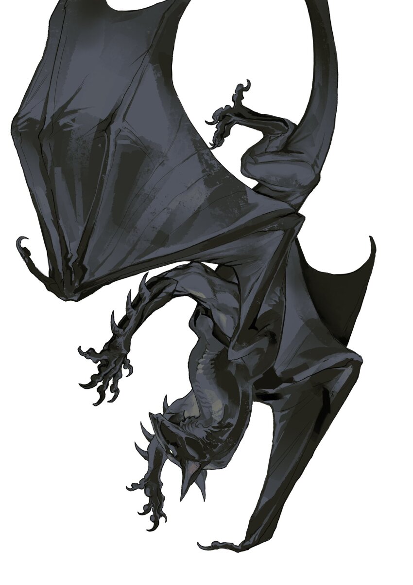 animal_focus claws dragon from_side highres lizardmancc monster no_humans original simple_background solo tail upside-down western_dragon white_background wings