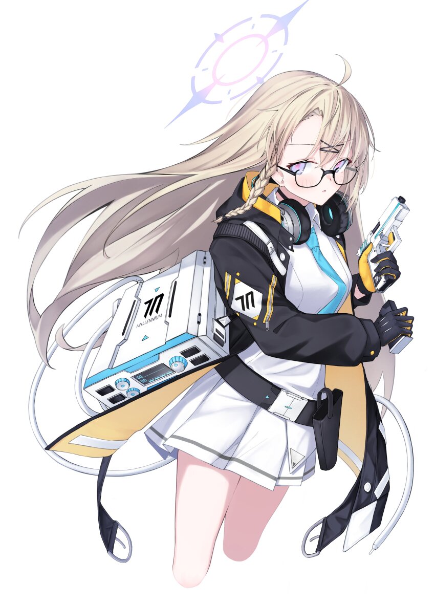 1girl absurdres ahoge black-framed_eyewear black_gloves black_jacket blonde_hair blue_archive blue_necktie blush braid collared_shirt commentary cropped_legs floating_hair from_side glasses glock gloves gun halo handgun headphones headphones_around_neck highres holding holding_gun holding_magazine_(weapon) holding_weapon jacket kotama_(blue_archive) long_hair magazine_(weapon) miniskirt necktie open_clothes open_jacket parted_lips pleated_skirt purple_eyes purple_halo semi-rimless_eyewear shirt side_braid sideways_glance simple_background skirt solo symbol-only_commentary two-sided_fabric two-sided_jacket two-tone_gloves under-rim_eyewear we_usagi weapon white_background white_shirt white_skirt yellow_gloves