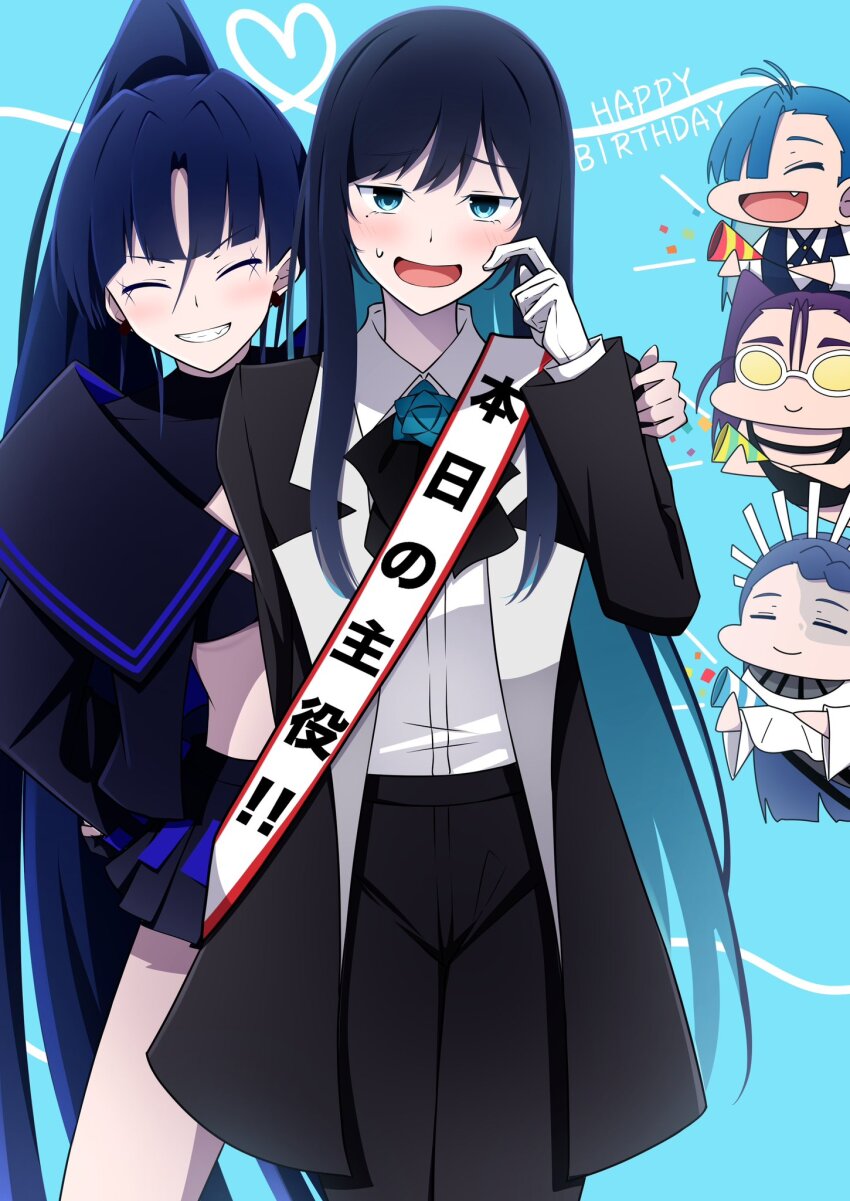 5girls ado_(utaite) bikini birthday_cake black_bikini black_coat black_gloves black_hair black_pants black_shirt black_skirt blue_eyes blue_flower blue_hair blue_ribbon blue_rose blue_skirt blue_vest braid braided_bangs brooch cake chando_(ado) chibi closed_eyes closed_mouth coat collared_shirt colored_inner_hair commentary crown dress_shirt earrings fingerless_gloves flower flower_brooch food gira-gira-chan_(ado) gira_gira gloves hair_between_eyes hair_over_one_eye happy_birthday highres jewelry long_hair merry_(ado) midriff mole mole_under_eye multicolored_hair multiple_girls naima_(ado) neck_ribbon nori_(norinori_yrl) odo-chan_(ado) odo_(song) open_clothes open_coat open_mouth open_shirt pants pleated_skirt ponytail purple_hair readymade_(ado) ribbon rose shirt single_glove skirt smile sunglasses swimsuit tinted_eyewear translation_request two-tone_skirt usseewa utaite very_long_hair vest white_background white_gloves white_shirt yellow-tinted_eyewear