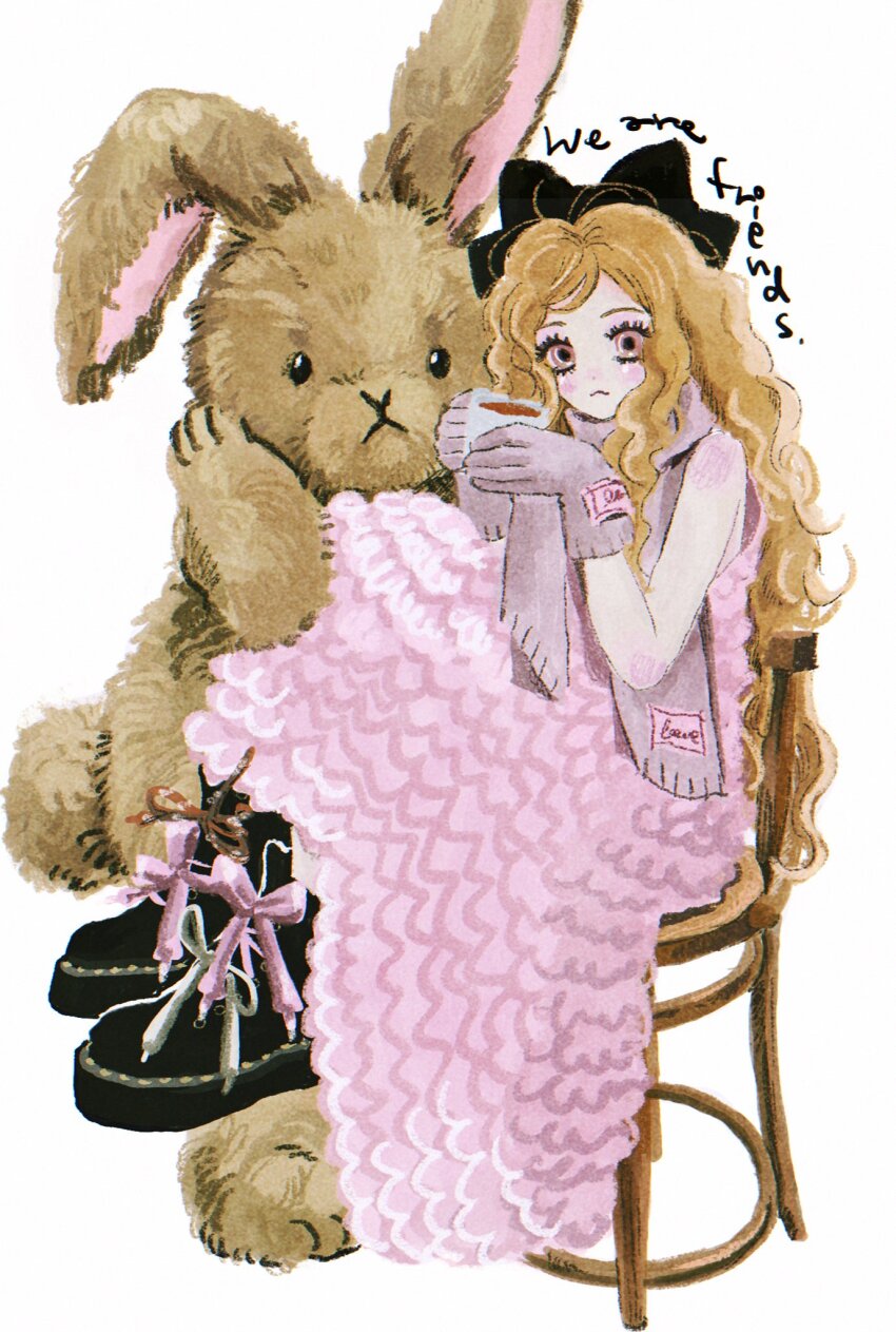 1girl :3 black_boots black_bow blush boots bow chair closed_mouth commentary cup curly_hair dress english_text fluffy_hair footwear_bow frilled_dress frills full_body gloves grey_gloves grey_scarf hair_bow highres holding holding_cup large_bow long_dress long_eyelashes long_hair looking_at_viewer messy_hair mug on_chair orange_hair original pink_bow pink_dress pink_eyes platform_boots scarf sidelocks sitting sleeveless sleeveless_dress smile solo stuffed_animal stuffed_rabbit stuffed_toy symbol-only_commentary tea umibenobara white_background wooden_chair