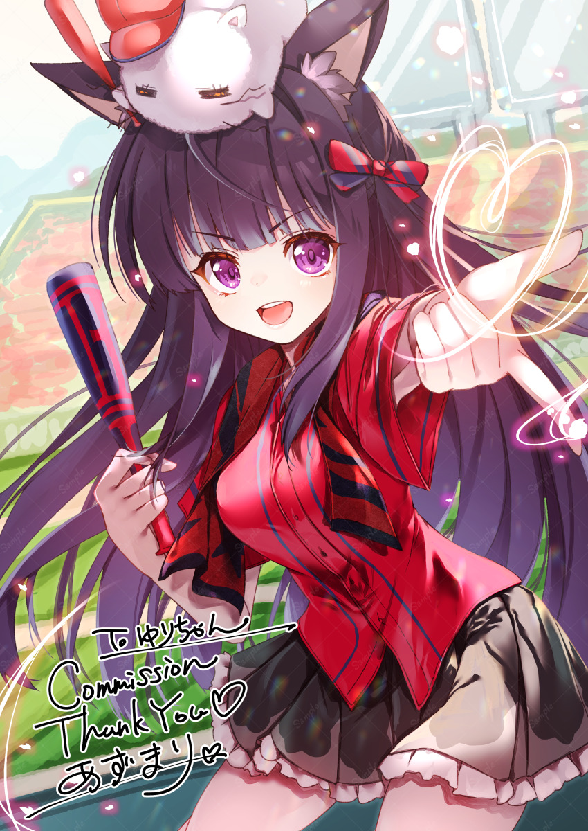 1girl absurdres animal_ear_fluff animal_ears az_(colorb05) black_necktie black_skirt blunt_bangs blush bow commission dog_ears dog_girl english_text highres holding_baton kasumi_(princess_connect!) long_hair looking_at_viewer momoneko-sama necktie open_mouth princess_connect! purple_eyes purple_hair red_shirt shirt skirt teeth upper_teeth_only