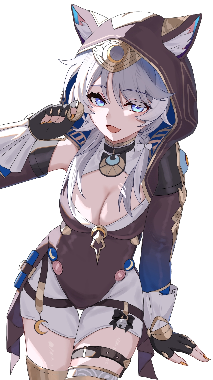 1girl absurdres anima_miko animal_ear_fluff animal_ears animal_hood belt black_gloves blue_eyes breasts brown_hood brown_shirt cat_ears cat_girl cat_hood cipher_(honkai:_star_rail) cleavage coin commentary_request cowboy_shot gloves gold_coin grey_hair highres holding holding_coin honkai:_star_rail honkai_(series) hood large_breasts mole mole_on_breast open_mouth shirt short_hair_with_long_locks short_shorts shorts solo thigh_belt thigh_strap white_shorts yellow_nails