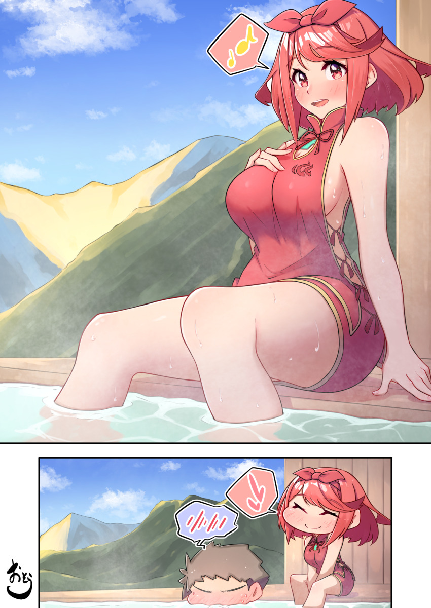 alternate_costume breasts highres large_breasts onsen osora_(judithandlilith) pyra_(xenoblade) red_eyes red_hair rex_(xenoblade) xenoblade_chronicles_(series) xenoblade_chronicles_2