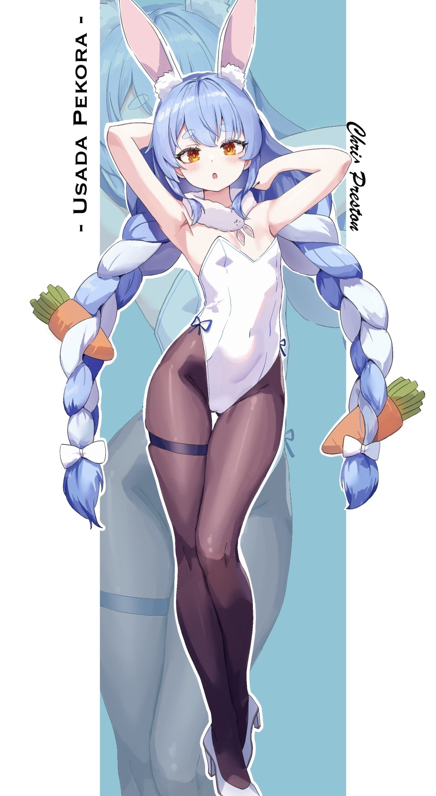1girl absurdres animal_ear_fluff animal_ears armpits arms_up blue_hair bow bowtie braid breasts brown_pantyhose carrot carrot_hair_ornament chris_preston commentary covered_navel detached_collar english_commentary food-themed_hair_ornament fur_scarf hair_ornament highleg highleg_leotard highres hololive leotard light_blue_hair long_hair multicolored_hair orange_eyes pantyhose playboy_bunny rabbit-shaped_pupils rabbit_ears rabbit_girl short_eyebrows small_breasts strapless strapless_leotard symbol-shaped_pupils thick_eyebrows traditional_bowtie twin_braids two-tone_hair usada_pekora virtual_youtuber white_leotard wrist_cuffs