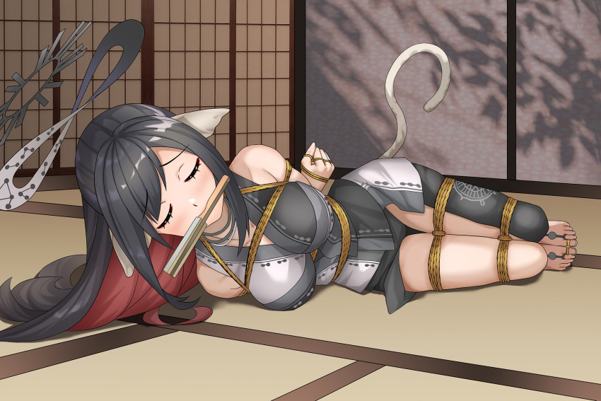 1girl animal_ears aquaplus arms_behind_back bare_shoulders barefoot bdsm black_hair blush bondage bound bound_legs bound_toes breasts cat_tail choker closed_eyes folding_fan haimei1980 hair_ribbon halo hand_fan highres indoors jewelry kuon_(utawarerumono) large_breasts long_hair lying mouth_hold multicolored_eyes multicolored_hair nose off_shoulder on_floor on_side red_hair ribbon shibari sidelocks sleeveless solo swept_bangs tail tatami tessen two-tone_hair utawarerumono utawarerumono:_lost_flag very_long_hair war_fan yellow_eyes yukaura