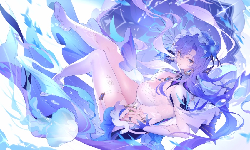 1girl absurdres asymmetrical_legwear birthday_miaoke blue_flower breasts cantarella_(wuthering_waves) commentary dress flower hair_flower hair_ornament headdress high_heels highres jellyfish kneehighs large_breasts long_hair parasol purple_hair purple_umbrella shoes shrug_(clothing) single_kneehigh single_sock single_thighhigh socks solo thighhighs thighs umbrella uneven_legwear very_long_hair white_dress white_shoes white_shrug white_socks white_thighhighs wuthering_waves