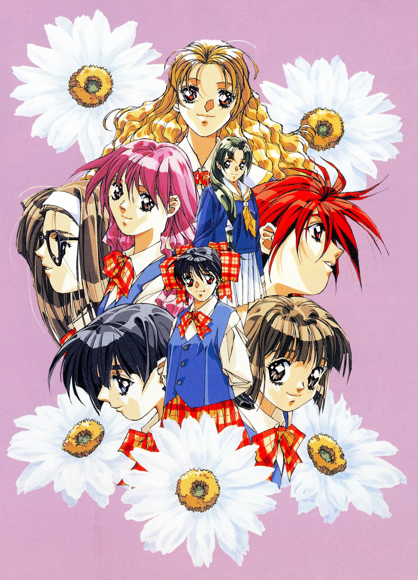 1990s_(style) 6+girls arms_behind_back black-framed_eyewear black_hair blonde_hair blue_eyes blue_vest brown_eyes brown_hair doukyuusei_(series) doukyuusei_2 flower hair_over_shoulder hairband highres light_smile long_bangs long_hair long_sleeves looking_at_viewer maijima_karen minamikawa_youko miniskirt mizuno_tomomi multiple_girls narusawa_yui neckerchief non-web_source official_art parted_lips pink_eyes pink_hair plaid_clothes plaid_skirt pleated_skirt profile red_eyes red_hair retro_artstyle scan school_uniform shinohara_izumi short_hair skirt smile sugimoto_sakurako takei_masaki tsuzuki_kozue vest
