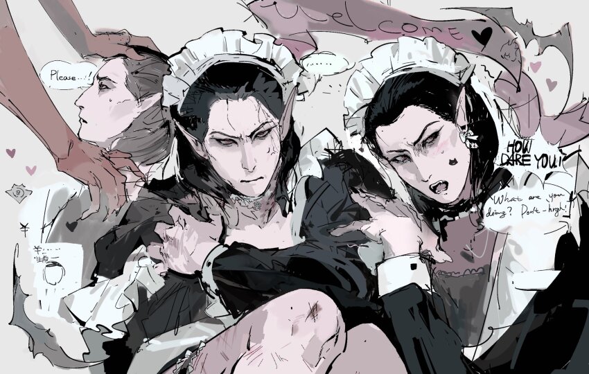 ... 2boys baldur&#039;s_gate baldur&#039;s_gate_3 bat_(animal) bruise bruise_on_leg cazador_szarr colored_skin crossdressing crossdressing_(mtf) dungeons_&amp;_dragons dungeons_&amp;_dragons english_text fangs heart highres injury maid maid_headdress male_focus multiple_boys multiple_views pale_skin red_skin sketch speech_bubble vampire vihua6