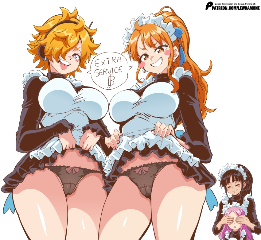 4girls apron black_dress black_hair blue_ribbon blush_stickers breasts bright_pupils cameltoe closed_eyes closed_mouth clothes_lift commentary covering_another&#039;s_eyes curvy dress dress_lift earrings english_commentary english_text frilled_apron frills grin hair_over_one_eye hair_ribbon high_ponytail highres jewelry jewelry_bonney large_breasts lewdamone lifting_own_clothes long_sleeves looking_at_viewer maid_apron maid_headdress messy_hair multiple_girls nami_(one_piece) naughty_face nico_robin one_piece orange_hair panties patreon_logo pink_eyes pink_hair ponytail ribbon shiny_skin simple_background smile speech_bubble teeth thighs thong tongue tongue_out underwear upper_teeth_only v-shaped_eyebrows vegapunk_lilith watermark web_address white_apron white_background white_pupils wide_hips