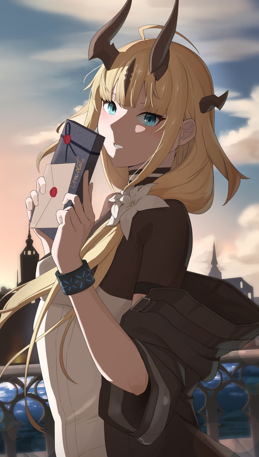 1girl :d absurdres ahoge arknights blonde_hair blue_eyes brown_horns commentary day english_commentary flower gift grin hair_flower hair_ornament hands_up highres holding holding_gift holding_letter horns infection_monitor_(arknights) lens_flare letter long_hair looking_at_viewer nekoze_nekoze open_mouth outdoors railing reed_(arknights) reed_the_flame_shadow_(arknights) smile solo sunlight upper_body valentine wax_seal white_flower wind
