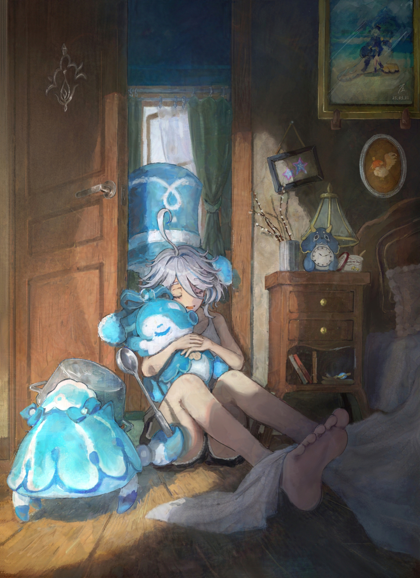 1girl 3others ahoge alarm_clock alternate_costume animal animal_hug barefoot bed bed_sheet bedroom black_shorts blue_streaks bucket clock closed_eyes commentary_request dated facing_viewer full_body furina_(genshin_impact) genshin_impact gentilhomme_usher grey_hair highres holding holding_bucket holding_spoon knees_up mademoiselle_crabaletta multicolored_hair multiple_others nightstand on_floor open_door open_mouth own_hands_together painting_(object) shirt short_hair shorts sitting sleeping sleeveless sleeveless_shirt spoon streaked_hair suke_omi surintendante_chevalmarin toes vision_(genshin_impact) white_shirt wooden_door wooden_floor