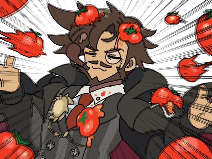 1boy :3 absurdres beard black_jacket brown_hair closed_eyes commentary emphasis_lines english_commentary facial_hair formal_clothes guilty_gear guilty_gear_strive highres jacket kekeken male_focus monocle monocle_chain mustache necktie red_necktie simple_background slayer_(guilty_gear) smoking_pipe solo suit throwing tomato vampire white_background