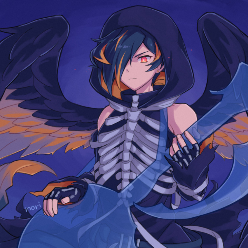 1boy artist_name bare_shoulders bird_boy bird_tail bird_wings black_robe blue_gloves blue_hair chiyo_nori clothing_cutout feathered_wings fingerless_gloves gloves guitar hair_over_one_eye highres holding holding_guitar holding_instrument hood hood_up hooded_robe instrument looking_at_viewer male_focus multicolored_hair one_eye_covered red_eyes ribs robe see-through_clothes short_hair shoulder_cutout show_by_rock!! signature solo streaked_hair swept_bangs tail two-tone_hair upper_body wings yasu_(show_by_rock!!)