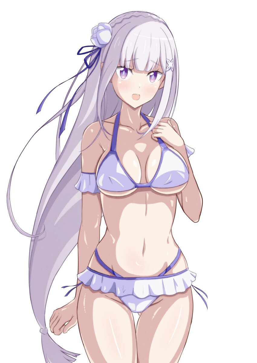1girl absurdres bikini breasts cleavage commentary cowboy_shot elf emilia_(re:zero) frilled_bikini frills gluteal_fold highres kakukakusan large_breasts long_hair navel open_mouth pointy_ears purple_eyes re:zero_kara_hajimeru_isekai_seikatsu simple_background solo swimsuit thigh_gap white_background white_bikini white_hair