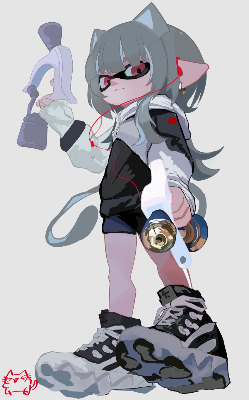 1girl absurdres animal_ears cat_ears closed_mouth commentary commission dual_wielding earbuds earphones earrings grey_hair gun high_tops highres holding holding_gun holding_weapon hoop_earrings inkling_girl inkling_player_character jewelry long_hair m46_u nintendo order_dualies_(splatoon) pointy_ears red_eyes shoes simple_background sneakers solo splatoon_(series) splatoon_3 standing tentacle_hair weapon white_background