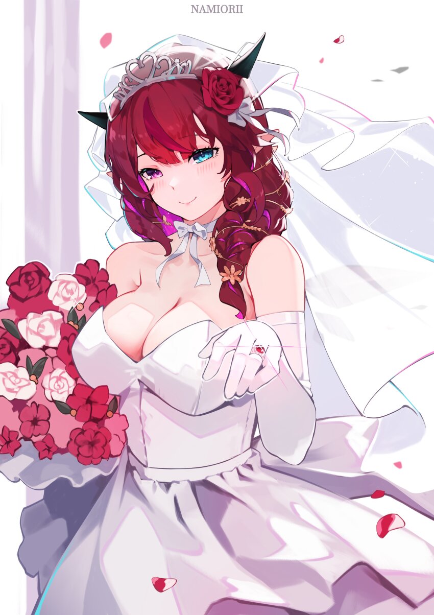 1girl absurdres alternate_costume bare_shoulders blue_eyes bouquet braid braided_ponytail breasts bridal_veil bride choker cleavage closed_mouth colored_inner_hair commentary crystal_wings dress elbow_gloves english_commentary falling_petals flower gloves hair_flower hair_ornament hair_over_shoulder heterochromia highres holding holding_bouquet hololive hololive_english horns irys_(hololive) jewelry large_breasts looking_at_viewer low_ponytail multicolored_hair namiorii petals pink_eyes pink_hair pointy_ears ponytail purple_hair reaching reaching_towards_viewer red_hair ribbon_choker ring sleeveless sleeveless_dress smile solo strapless strapless_dress streaked_hair tiara veil virtual_youtuber wedding_dress white_dress white_gloves