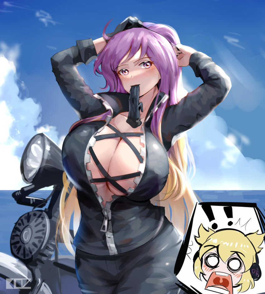 ! !! 2girls ^^^ absurdres alternate_hairstyle biker_clothes bikesuit black_jacket black_pants blonde_hair blue_sky blush blush_stickers bodysuit breasts cowboy_shot cross-laced_clothes earmuffs edz_drawz gloves highres hijiri_byakuren huge_breasts jacket jaw_drop looking_to_the_side motor_vehicle motorcycle multiple_girls o_o open_mouth outdoors pants pointy_hair ponytail purple_eyes purple_hair raised_eyebrow revision signature single_glove sky solo surprised teeth touhou toyosatomimi_no_miko turbo_byakuren upper_body uvula white_eyes zipper zipper_pull_tab