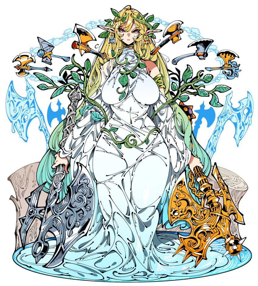 1girl arms_at_sides axe axe_earrings blonde_hair breasts closed_mouth covered_navel earrings gradient_hair green_hair half-closed_eyes highres holding holding_axe holding_weapon honest_axe jewelry kafun large_breasts leaf long_hair looking_at_viewer multicolored_hair original parody pink_eyes pointy_ears solo tree_stump very_long_hair weapon white_background