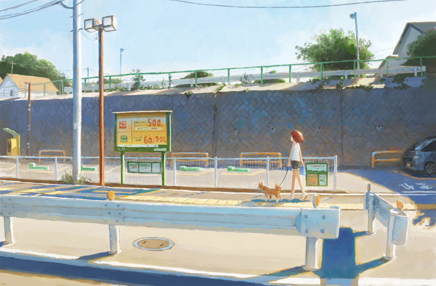 1girl animal bag billboard blue_bag blue_sky brown_hair car day dog fjsmu highres holding holding_bag holding_leash house lamp lamppost leash motor_vehicle original outdoors power_lines railing road scenery short_hair sky solo town townscape utility_pole walking walkway
