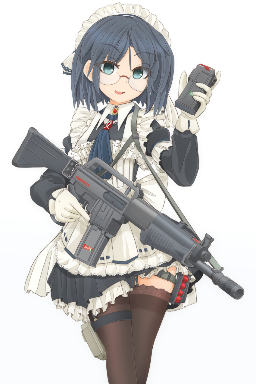 12-gauge 1girl ammunition ammunition_pouch apron black_dress black_hair black_thighhighs blue_neckerchief brooch collared_dress commentary_request cowboy_shot dress dual-mode_shotgun female_focus franchi frilled_apron frills garter_straps gloves green_eyes gun gun_sling head_tilt highres holding holding_gun holding_weapon holster jewelry lace lace-trimmed_legwear lace-trimmed_thighhighs lace_trim long_sleeves looking_at_viewer magazine_(weapon) maid maid_apron maid_headdress md5_mismatch mikeran_(mikelan) neckerchief open_mouth original partial_commentary petticoat pouch pump-action_shotgun pump_action red-framed_eyewear resolution_mismatch rifle rimless_eyewear round_eyewear semi-automatic_shotgun short_dress short_hair shotgun shotgun_shell simple_background smile solo spas-15 thigh_holster thigh_pouch thigh_strap thighhighs trigger_discipline weapon white_apron white_background white_gloves