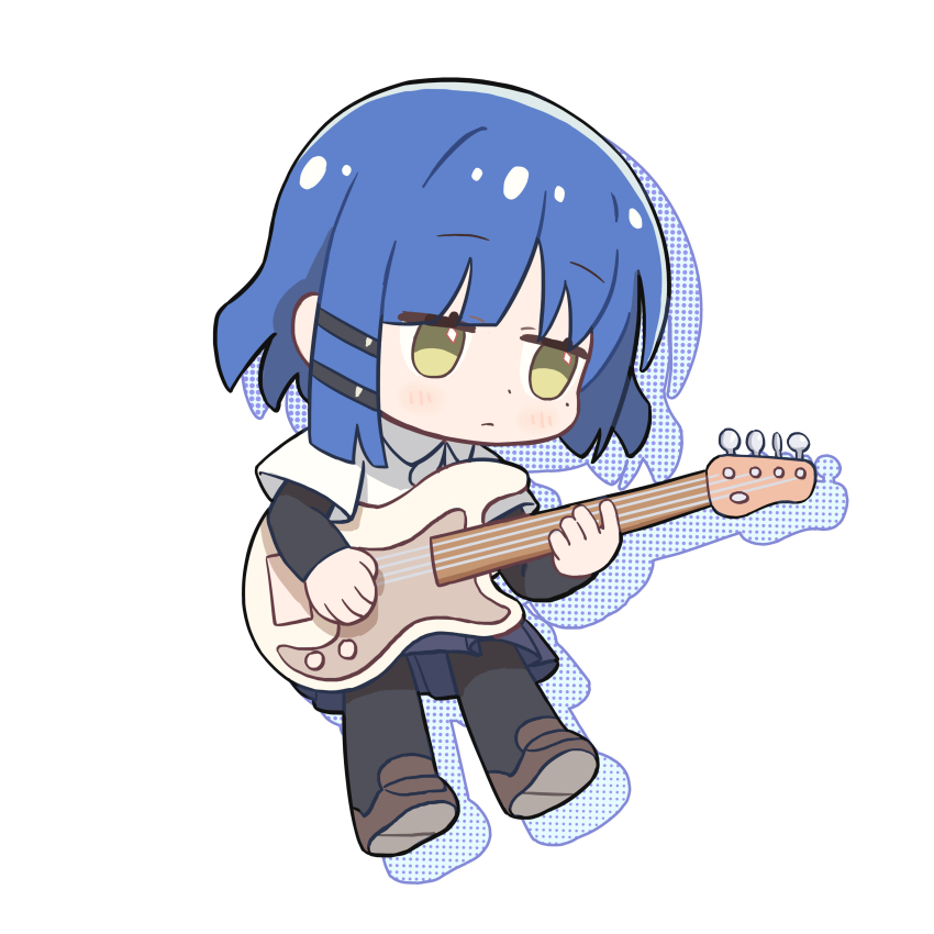 1girl absurdres black_pantyhose blue_hair blue_skirt blush bocchi_the_rock! brown_shoes chibi chibi_only chinese_commentary commentary_request dot_nose drop_shadow electric_guitar expressionless full_body green_eyes guitar hair_ornament hairclip highres holding holding_guitar holding_instrument instrument layered_sleeves long_sleeves pantyhose parallel_hairclips pleated_skirt shirt shoes short_hair short_over_long_sleeves short_sleeves simple_background skirt solo standing tianqiyubao_euc white_background white_shirt yamada_ryo