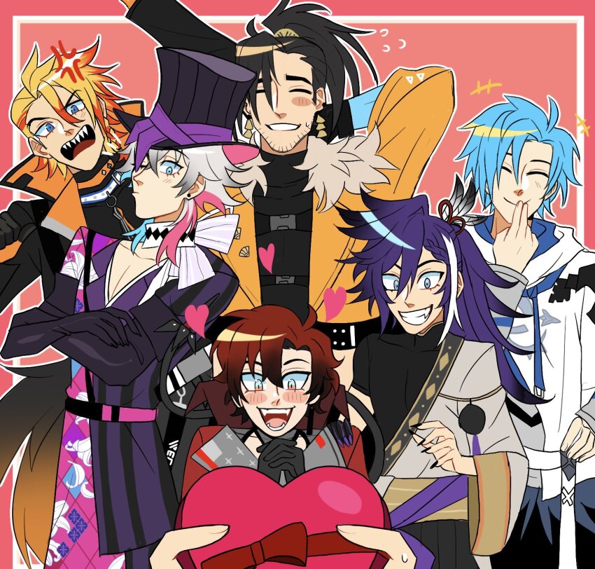 1other 6+boys anger_vein axel_syrios axel_syrios_(1st_costume) banzoin_hakka banzoin_hakka_(1st_costume) beard_stubble black_gloves black_hair blonde_hair blue_eyes blue_hair blush box box_of_chocolates braid closed_eyes collar commentary crossed_arms curtained_hair earrings english_commentary facial_hair feathers fur-trimmed_jacket fur_trim gavis_bettel gavis_bettel_(1st_costume) gift gift_box gloves green_eyes grey_hair grin hair_between_eyes hair_ornament happy happy_valentine hat heart highres holding holostars holostars_english holotempus hood hoodie jacket jewelry josuiji_shinri layered_sleeves long_hair long_sleeves looking_at_viewer machina_x_flayon machina_x_flayon_(1st_costume) male_focus multicolored_hair multiple_boys one_eye_closed open_mouth orange_collar orange_jacket outline own_hands_together pink_background pink_hair pokeparkfan ponytail pov pov_hands purple_hair red_hair regis_altare scarf sharp_teeth short_hair shy side_braid smile streaked_hair stubble sweatdrop teeth top_hat two-tone_hair valentine virtual_youtuber white_hair white_hoodie white_outline white_scarf