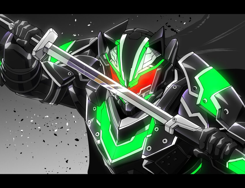 1boy amakawa_mayu animal_ears armor armored_boots black_armor black_bodysuit bodysuit boots glowing glowing_armor glowing_eyes highres holding holding_sheath holding_sword holding_weapon kamen_rider kamen_rider_geats_(series) kamen_rider_tycoon kamen_rider_tycoon_bujinsword katana looking_up male_focus power_armor raccoon_ears red_eyes sheath standing sword unsheathing weapon