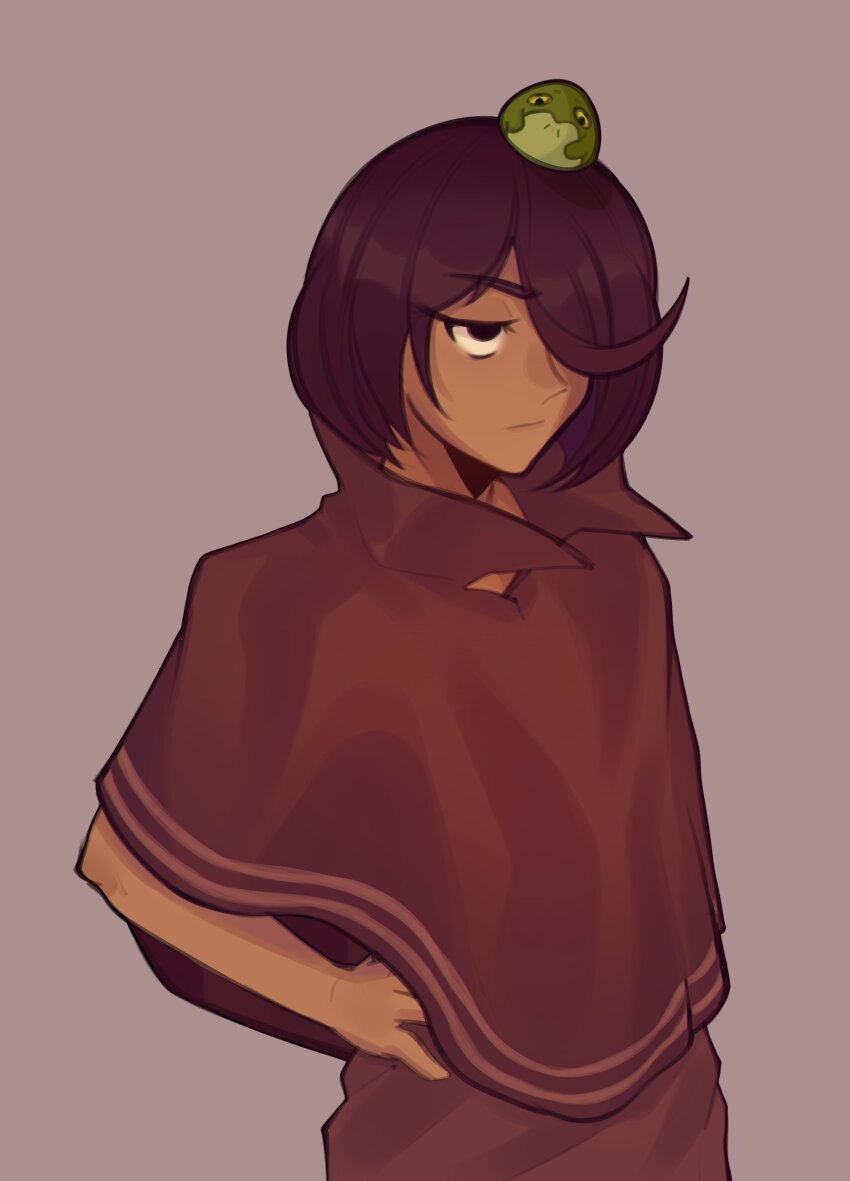 1girl absurdres animal animal_on_head brown_hair cloak closed_mouth commentary cowboy_shot dark-skinned_female dark_skin english_commentary frog fujimna hand_on_own_hip highres looking_up medium_hair on_head one_eye_covered rumi_(tunche) simple_background solo tunche