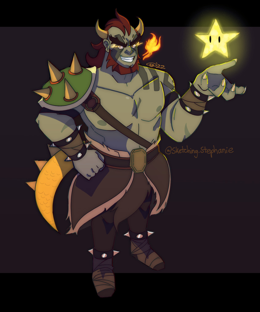 1boy abs alternate_facial_hair bara bare_pectorals beard blue_skin bowser bowser_(cosplay) chest_harness colored_skin cosplay critical_role dragon_boy dragon_horns dragon_tail dungeons_&amp;_dragons dungeons_&amp;_dragons facial_hair fingernails flaming_eyes forked_eyebrows full_body grin grog_strongjaw hand_up harness head_tattoo highres horns large_pectorals looking_at_viewer male_focus mario_(series) mature_male mohawk muscular muscular_male nintendo nipples pectorals sharp_fingernails shoulder_tattoo sketching-stephanie smile solo standing stomach tail tattoo the_legend_of_vox_machina thick_eyebrows