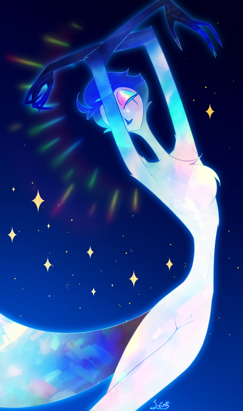 1boy absurdres arms_up feathers furry furry_male glowing_skin hair_slicked_back hellaverse helluva_boss highres multicolored_eyeshadow nude owl_boy parted_lips shiny_skin solo sparkle stolas_(helluva_boss) xiaolin610