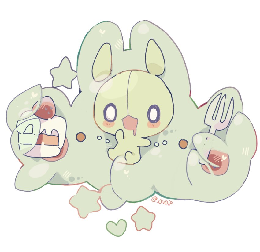 absurdres blush cake commentary_request drooling food fork fruit gen_5_pokemon highres holding holding_cake holding_food holding_fork nintendo no_humans open_mouth ovoip pokemon pokemon_(creature) reuniclus simple_background star_(symbol) strawberry twitter_username white_background