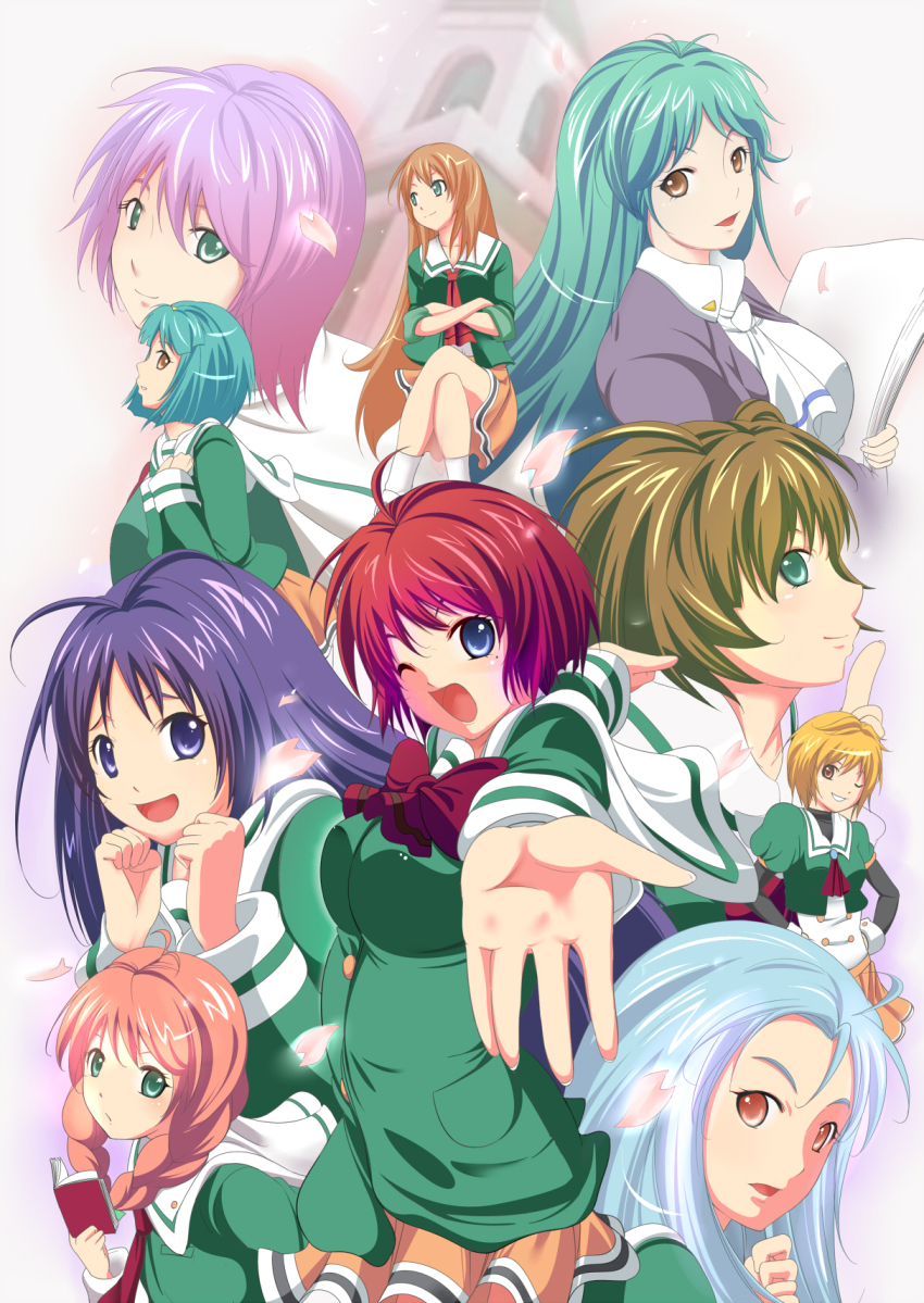 6+girls ;d akai_homura asou_kasumi bad_id bad_pixiv_id blonde_hair blue_eyes blue_hair book bow brown_eyes brown_hair front_ponytail green_eyes green_hair green_shirt hair_over_shoulder happy highres hinomoto_hikari ichimonji_akane ijuuin_mei katori_(mocchidou) kotobuki_miyuki long_hair minazuki_kotoko mole mole_under_eye multiple_girls one_eye_closed open_mouth outstretched_hand petals pink_hair purple_eyes purple_hair red_hair ribbon sakura_kaedeko school_uniform shirayuki_miho shirt short_hair skirt sleeves_rolled_up smile tokimeki_memorial tokimeki_memorial_2 wink yae_kaori