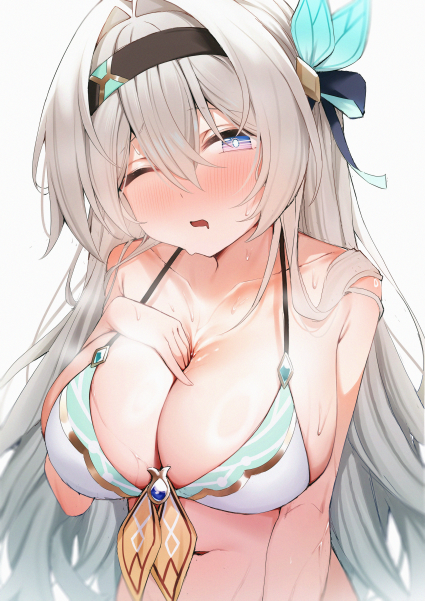 1girl absurdres arm_between_breasts between_breasts bikini blush breasts cleavage collarbone firefly_(honkai:_star_rail) grey_hair hair_between_eyes headband highres honkai:_star_rail honkai_(series) large_breasts light_brown_hair long_hair looking_at_viewer multicolored_hair navel one_eye_closed open_mouth purple_eyes sidelocks simple_background solo swimsuit two-tone_hair upper_body wendao wet white_background