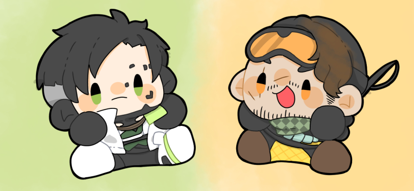 2boys apex_legends black_hair black_hat blush_stickers brown_hair checkered_clothes checkered_scarf chibi chibi_only closed_mouth crypto_(apex_legends) goggles goggles_on_head gradient_background green_eyes hat male_focus mirage_(apex_legends) multiple_boys open_mouth orange_eyes rotten_cf scarf short_hair sitting sparse_stubble undercut