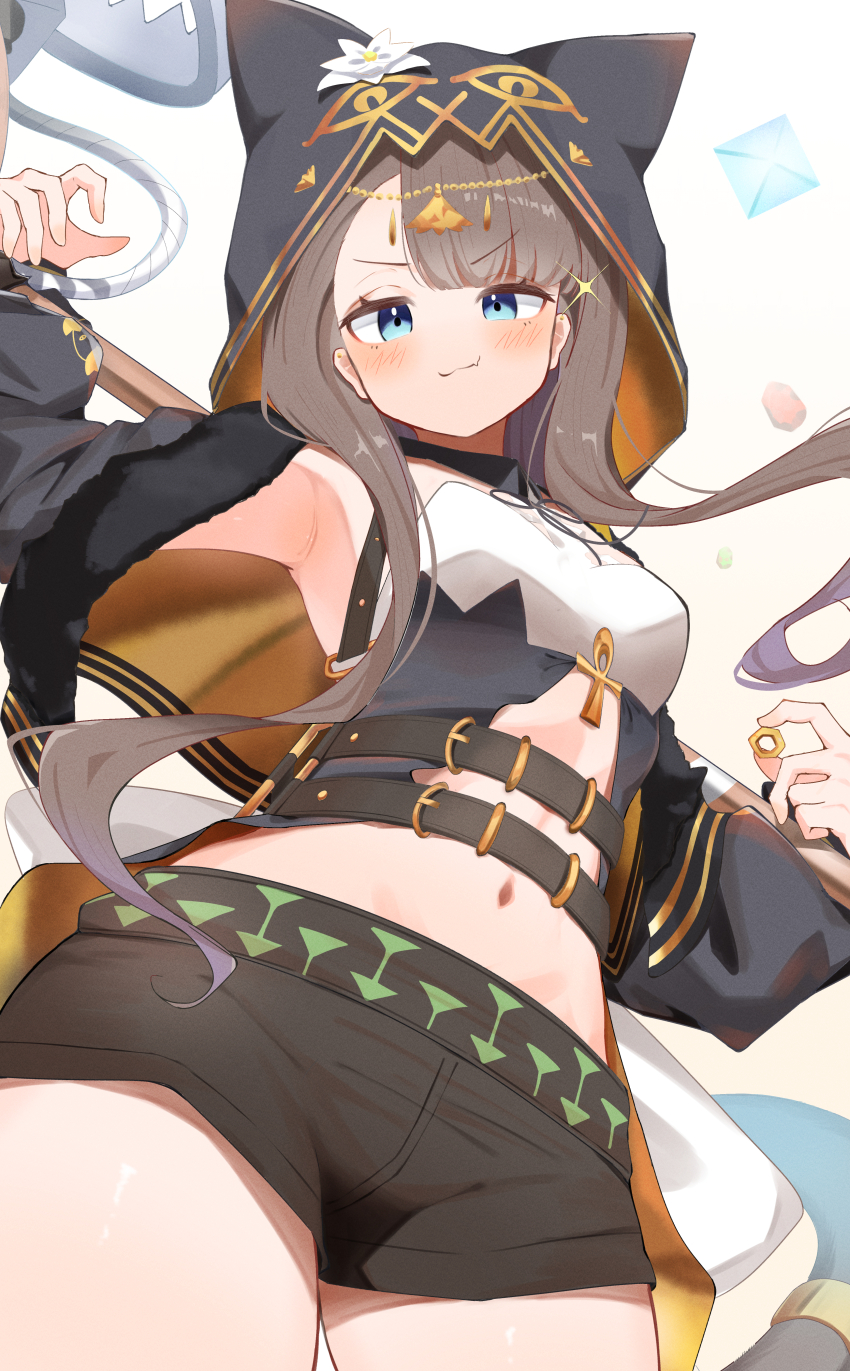 1girl absurdres ankh arknights armpits black_jacket black_shorts blue_eyes blush brown_hair closed_mouth commentary_request cowboy_shot flower from_below gold hair_behind_ear head_chain highres holding hood hood_up hooded_jacket jacket jewelry long_hair long_sleeves looking_at_viewer navel open_clothes open_jacket partial_commentary pcaccount13 pepe_(arknights) short_shorts shorts smile smug solo sparkle standing two-sided_fabric two-sided_jacket white_flower yellow_jacket