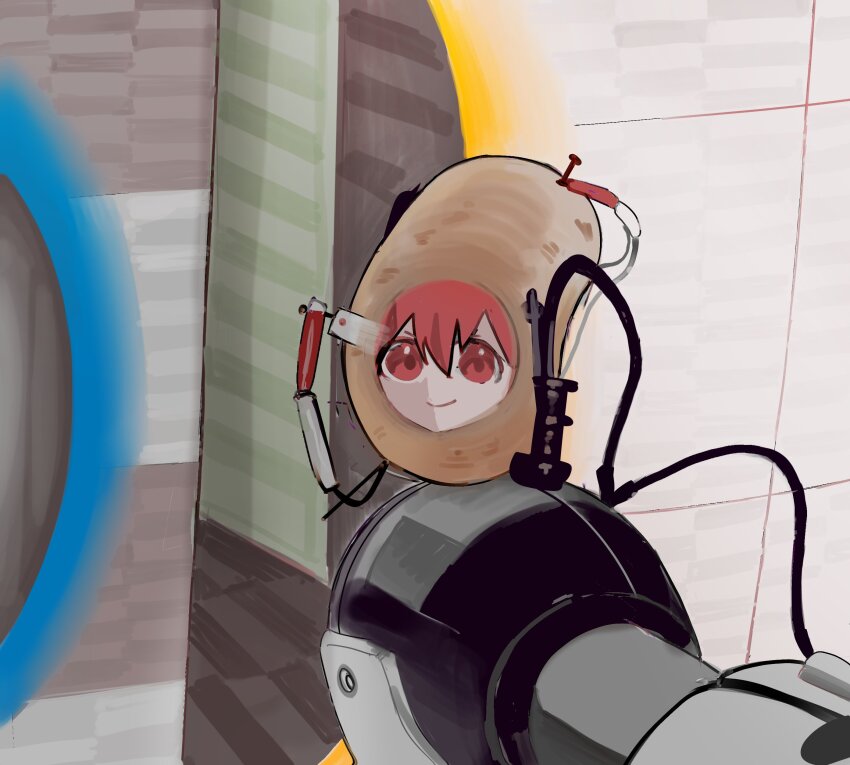 1girl absurdres aperture_science_handheld_portal_device closed_mouth highres kasane_teto looking_at_viewer microa pearto portal_(object) portal_(series) potato red_eyes red_hair smile solo utau