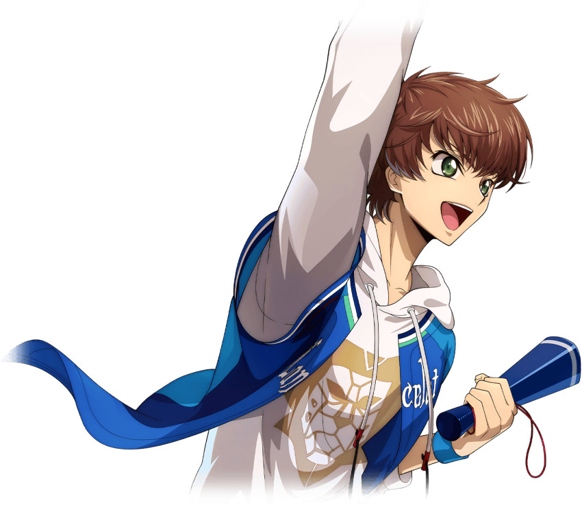 1boy arm_up blue_jacket brown_hair code_geass code_geass:_lost_stories f4samurai game_cg green_eyes highres holding jacket kururugi_suzaku male_focus official_art open_clothes open_jacket open_mouth smile solo teeth