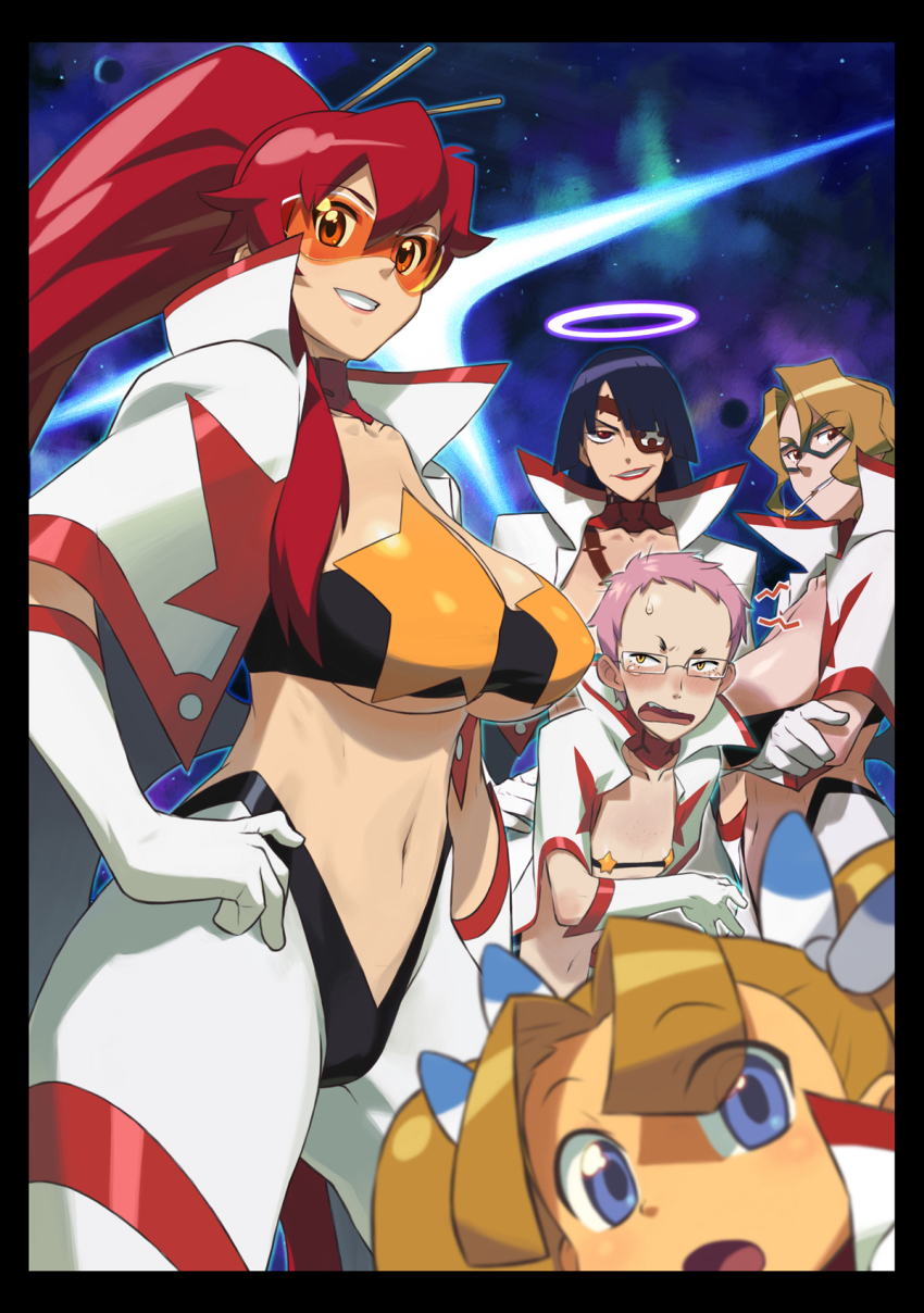 5girls adiane alternate_costume bandeau blonde_hair blue_eyes blue_hair breasts cigarette cosplay cybela_kuto eyepatch flat_chest goggles halo highres huge_breasts ishikawa_hideki large_breasts leite_jokin long_hair maosha multiple_girls orange-tinted_eyewear orange-tinted_glasses pink_hair ponytail red_eyes red_hair short_hair smile smoking space_yoko star_(symbol) strapless sunglasses tengen_toppa_gurren_lagann tinted_eyewear tube_top visor yellow_eyes yoko_littner yoko_littner_(cosplay)