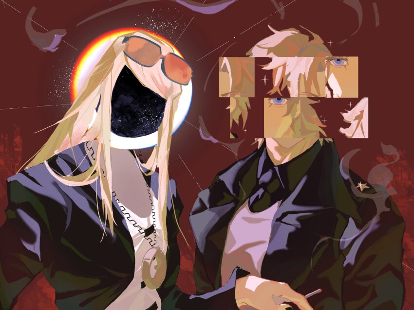 2boys black_coat blonde_hair coat daybit_sem_void faceless faceless_male fate/grand_order fate_(series) glitch highres hungrycookies1 long_hair multiple_boys tezcatlipoca_(fate)